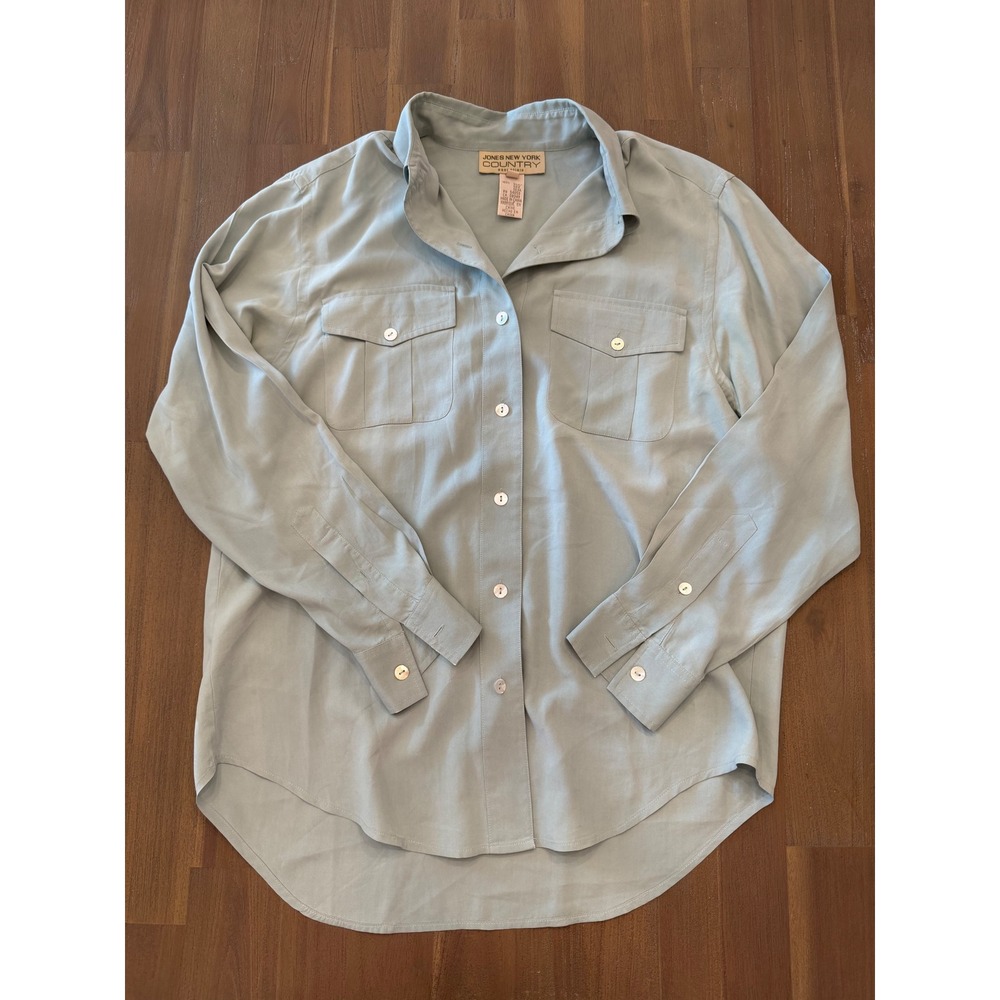 Jones New York Country‎ Essentials 100% Silk Sage Green Button Down Shirt Size 8